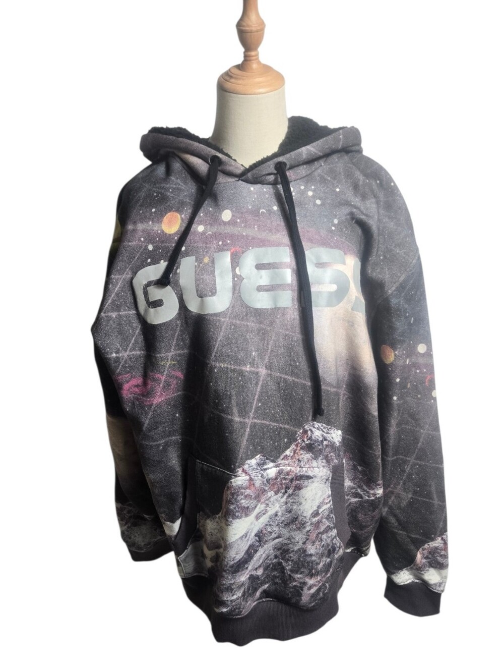 GUESS Black Galaxy Print Pullover Fleece Hood Fleece Lined  Hoodie